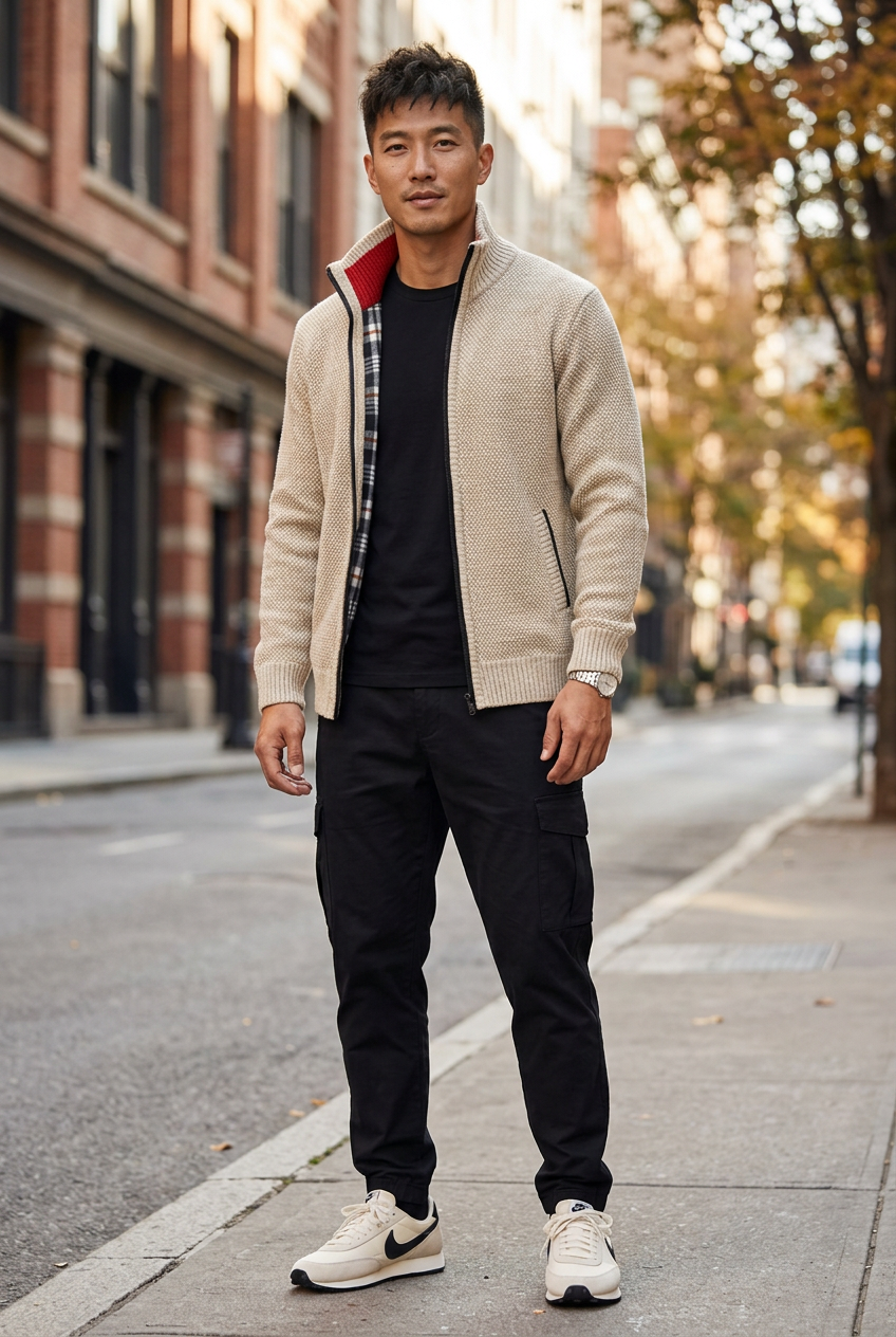 East Asian model wearing the cream knit jacket in an urban setting