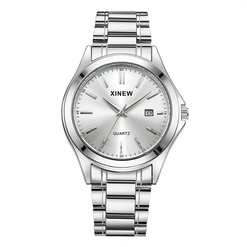 Silver XINEW men's watch with silver dial, matching hands, and square date window