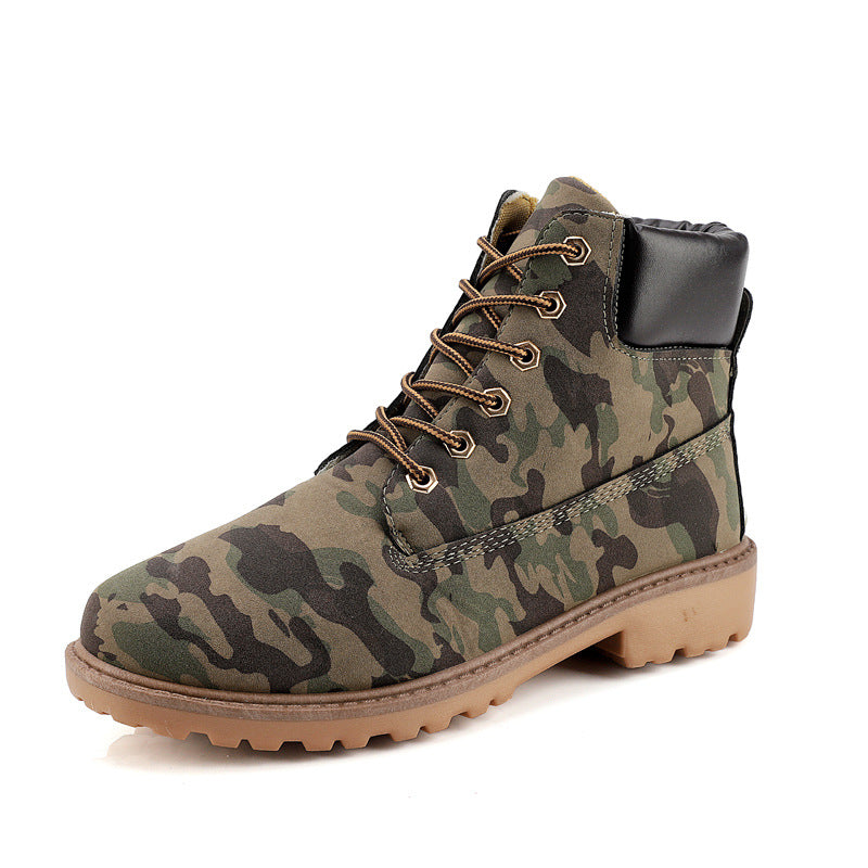 Green and brown camo high-top snow boot with hexagonal eyelets