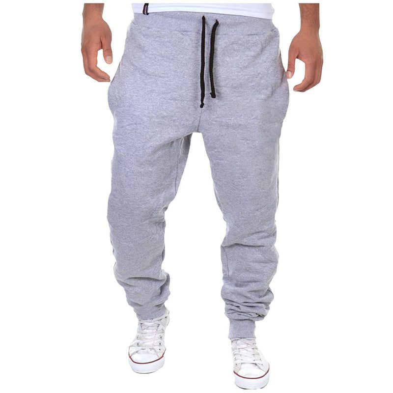 Light gray heathered men's loose-fit casual trousers with black drawstring