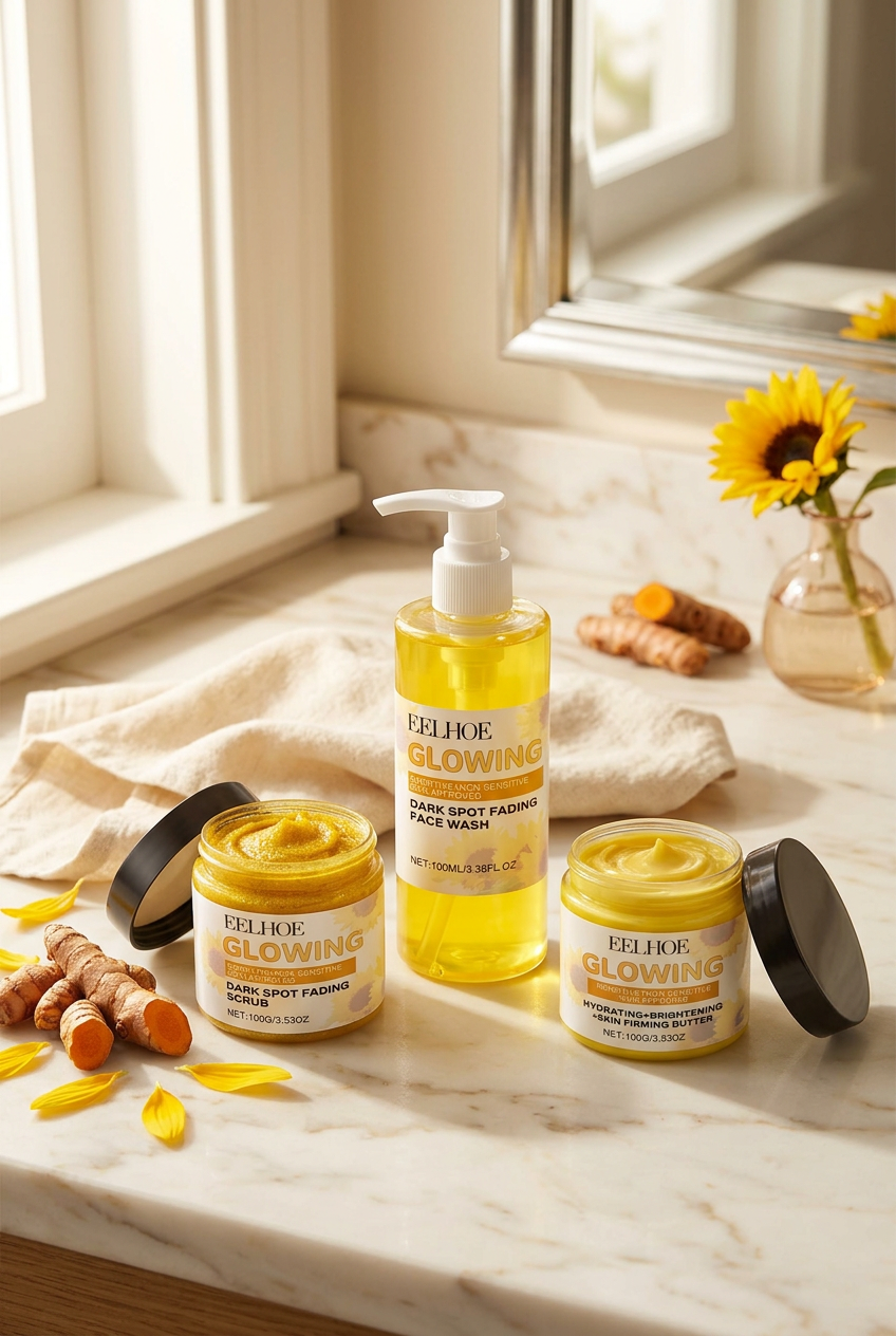 EELHOE Turmeric Skincare Set — White Marble Vanity Lifestyle