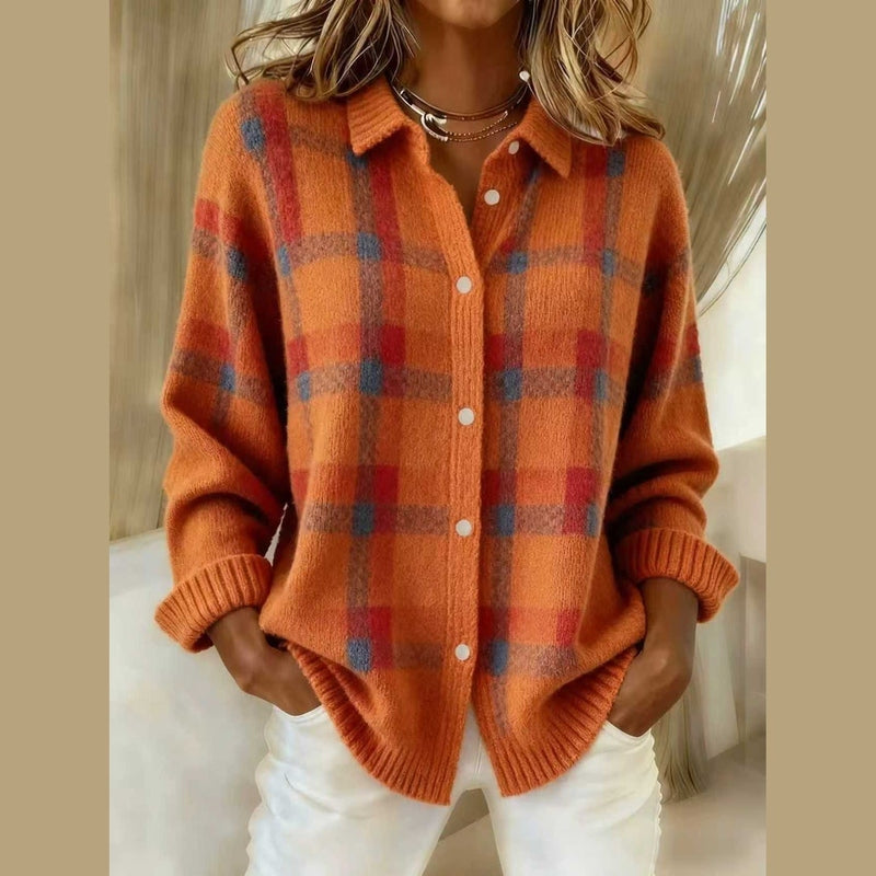 Orange plaid knit cardigan with relaxed fit and ribbed cuffs