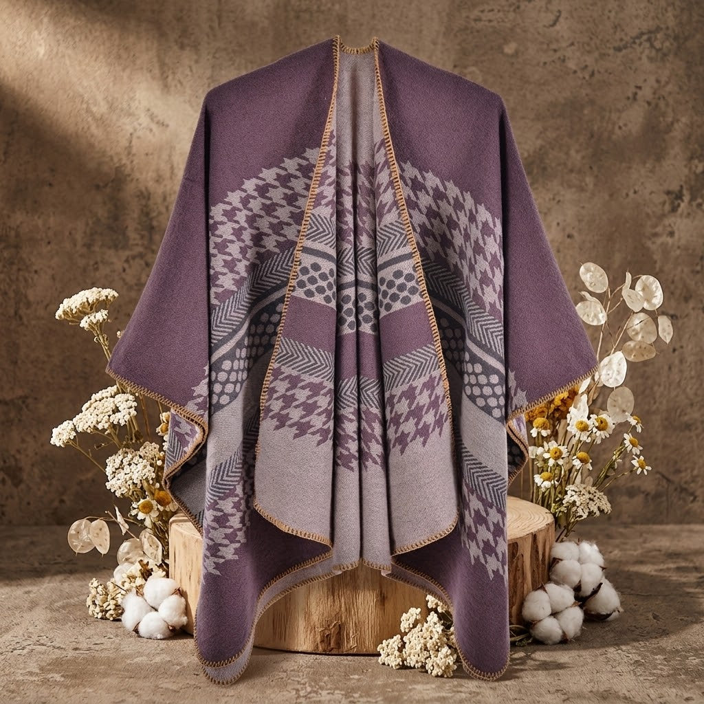 Poncho fendu en faux cachemire à motif pied-de-poule pour femme