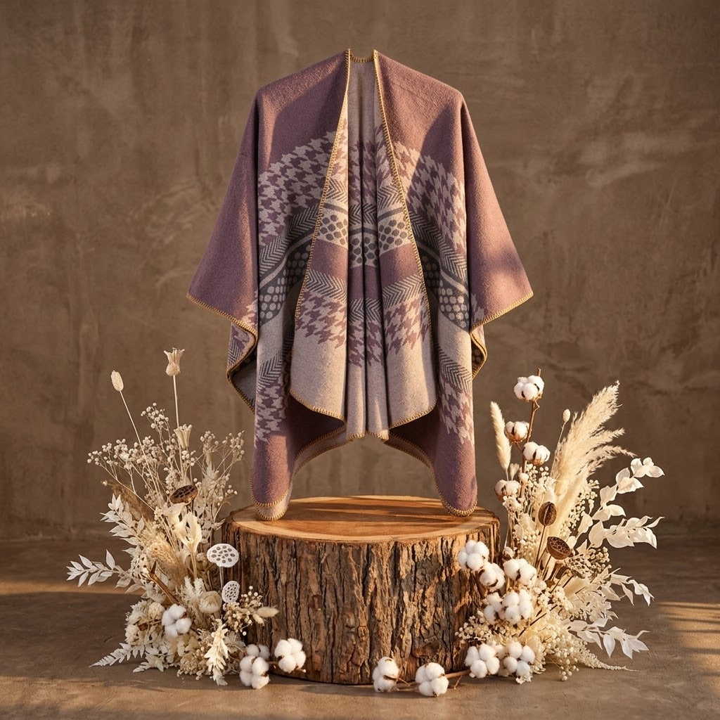 Poncho fendu en faux cachemire à motif pied-de-poule pour femme