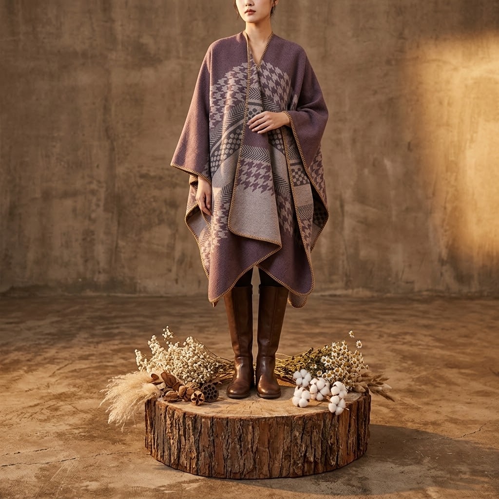 Poncho fendu en faux cachemire à motif pied-de-poule pour femme