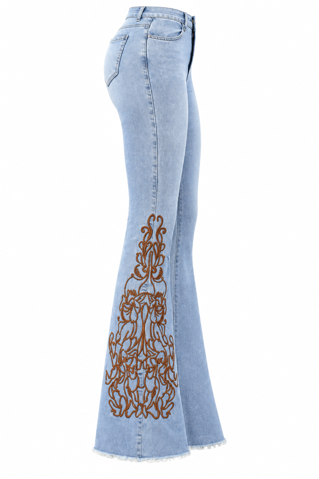 Embroidered Flare Jeans – Side, White Background