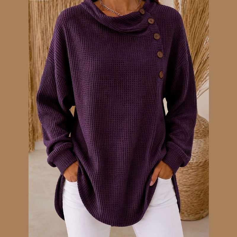 Purple off-shoulder waffle-texture top with loose silhouette and side vents