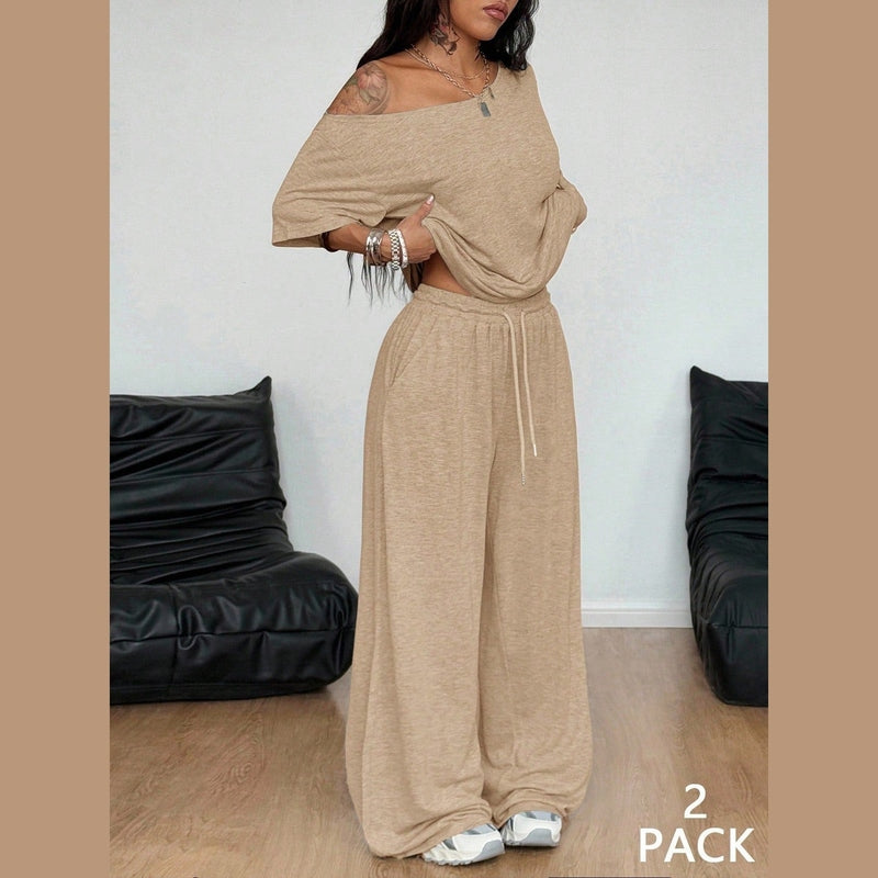 Beige casual two-piece set with off-shoulder top and wide-leg pants, midriff fit detail