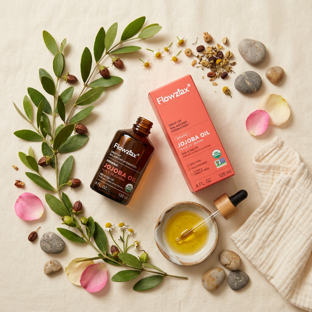 Flowzlax Jojoba Oil — Cream Linen Botanical Flat Lay