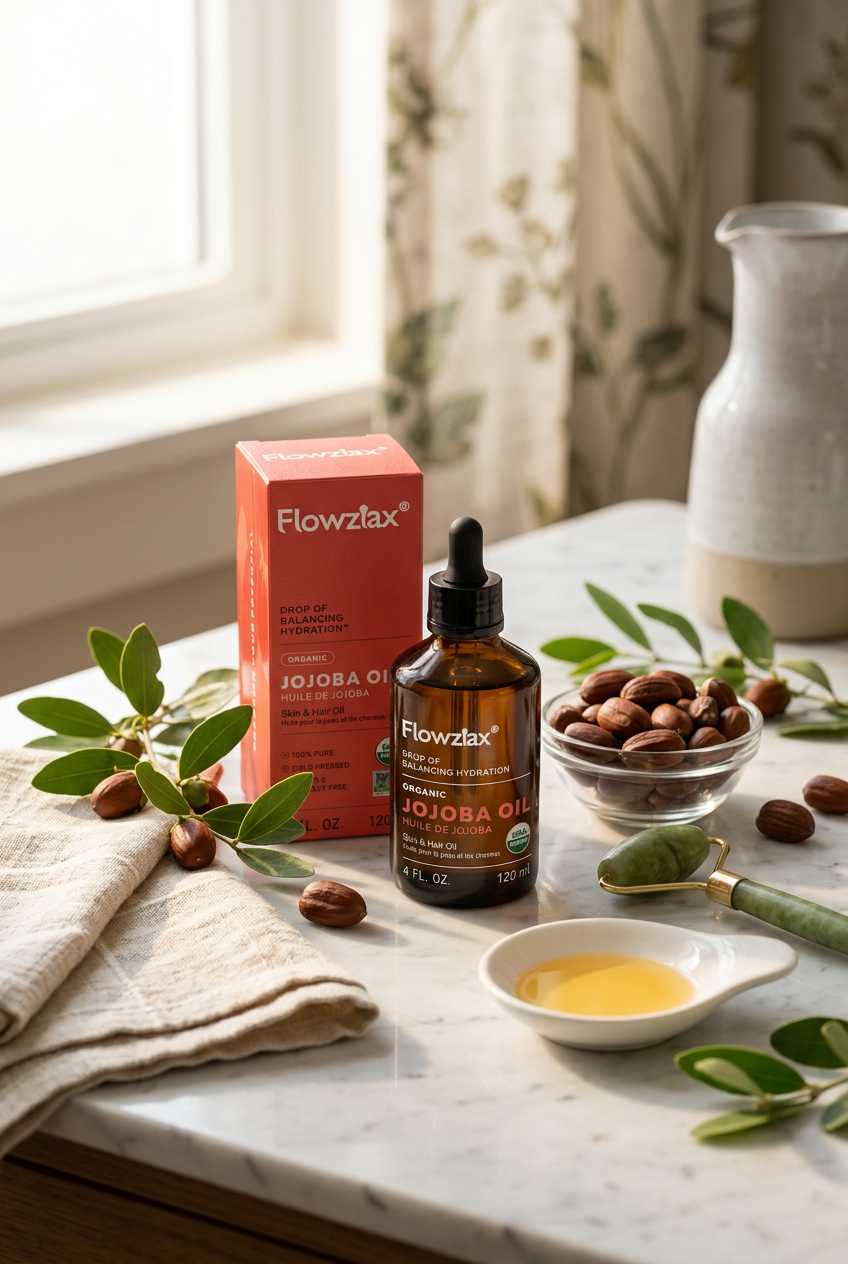 Flowzlax Jojoba Oil — White Marble Vanity Lifestyle