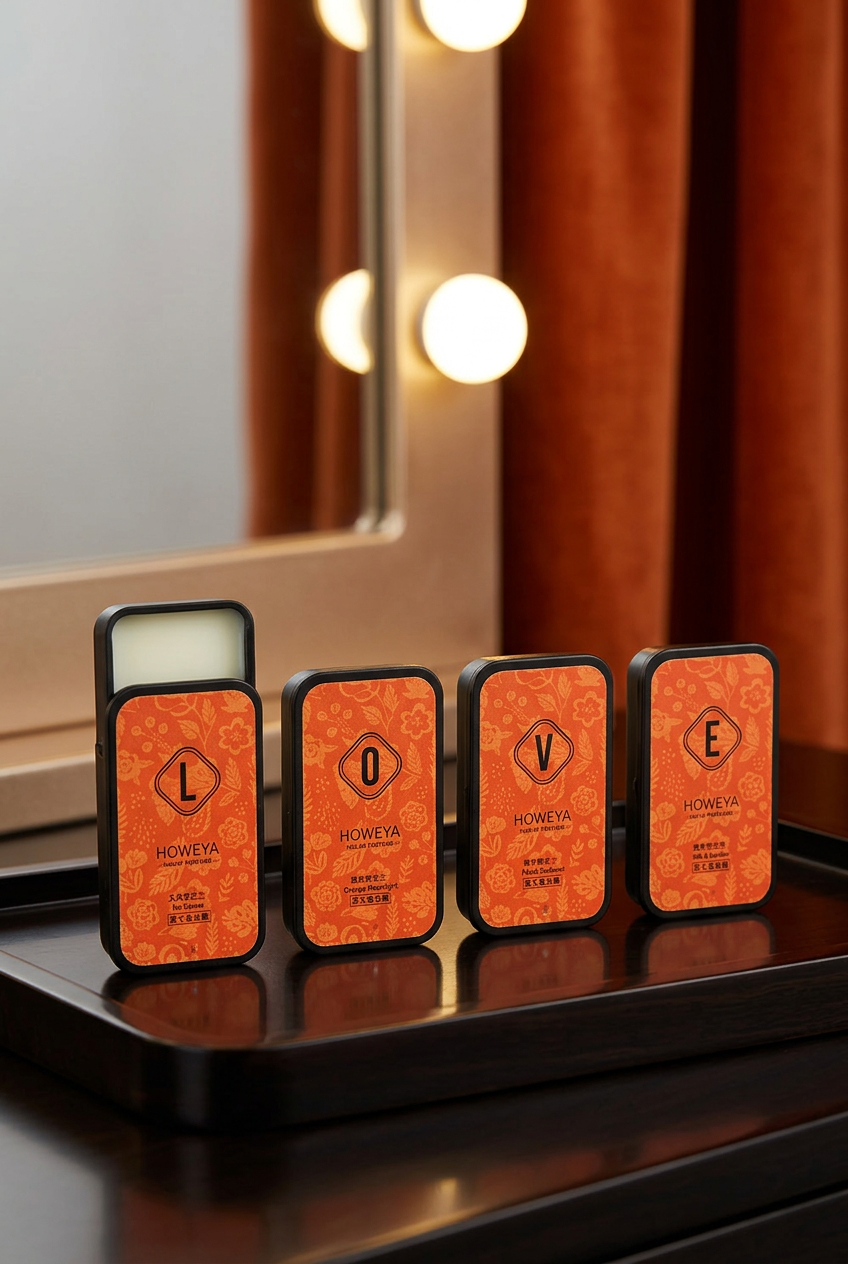 Four Howeya perfume balms in a cinematic vanity setting