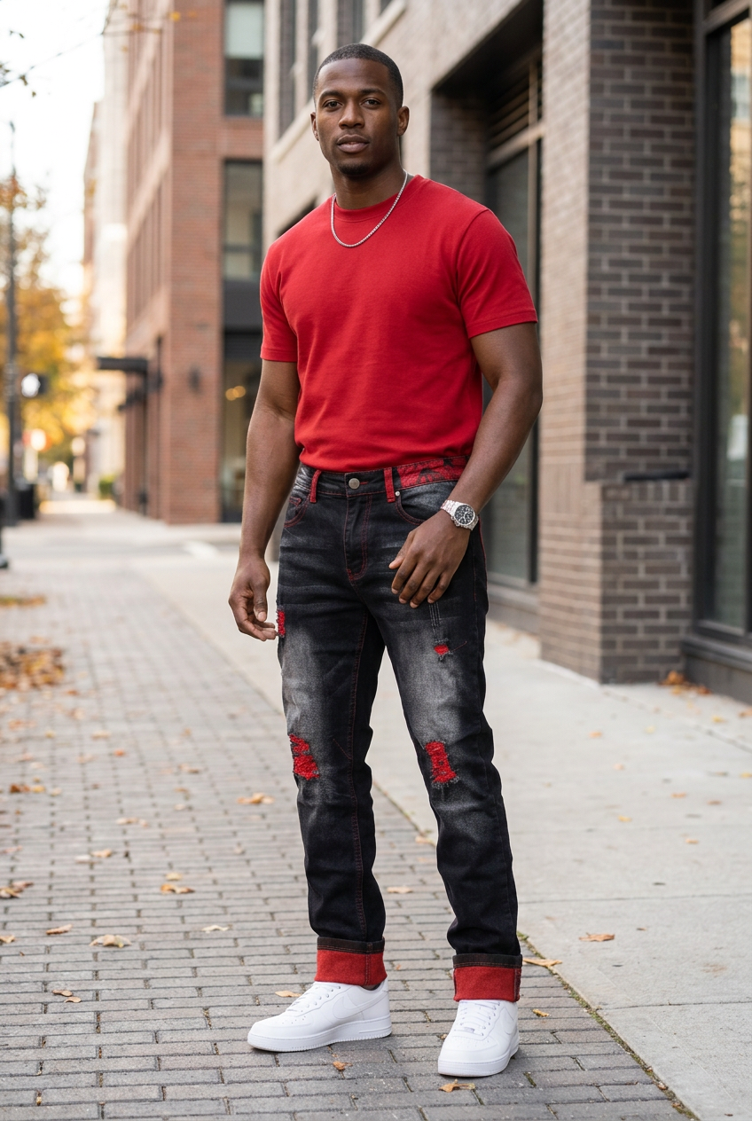 Front lifestyle view with red shirt and white sneakers