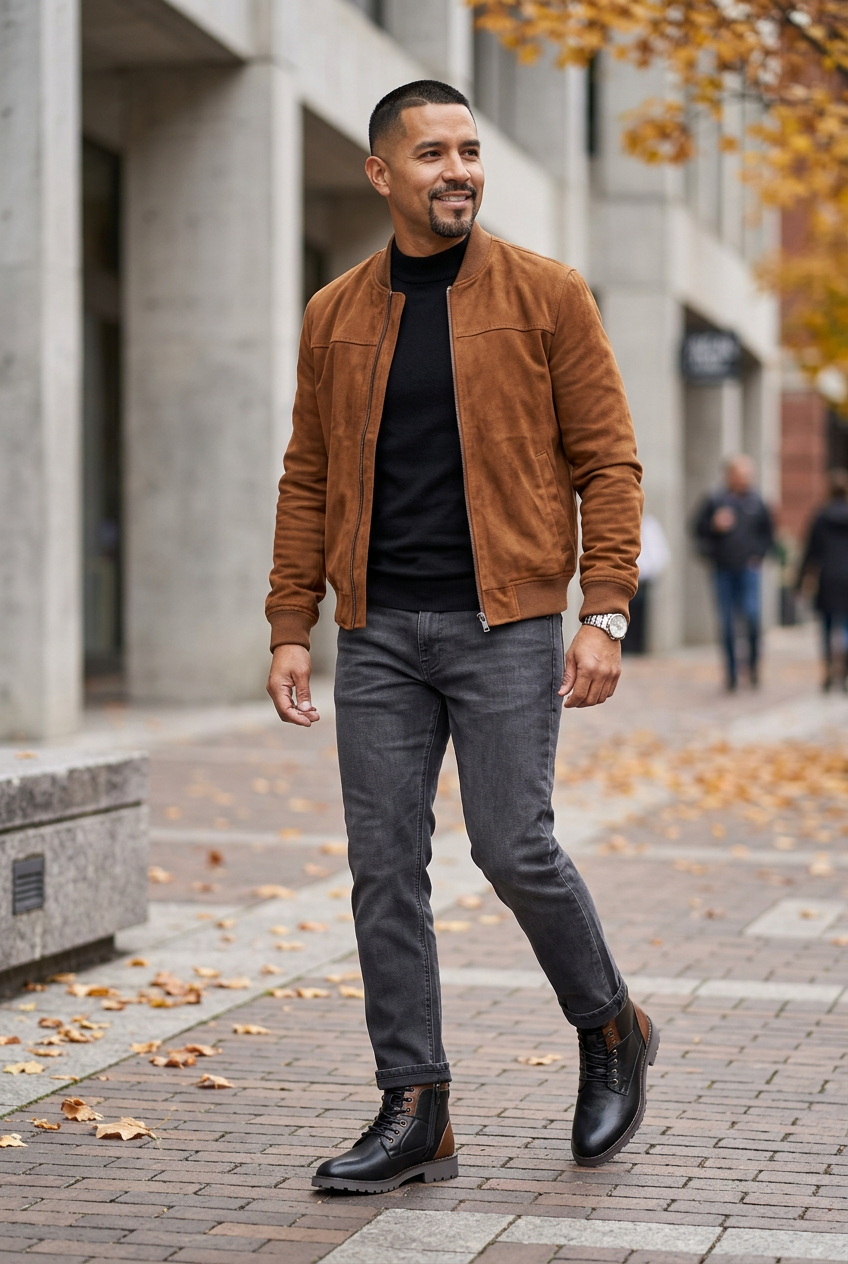Full-body fall street look with a tobacco bomber, charcoal jeans, and black-and-brown boots