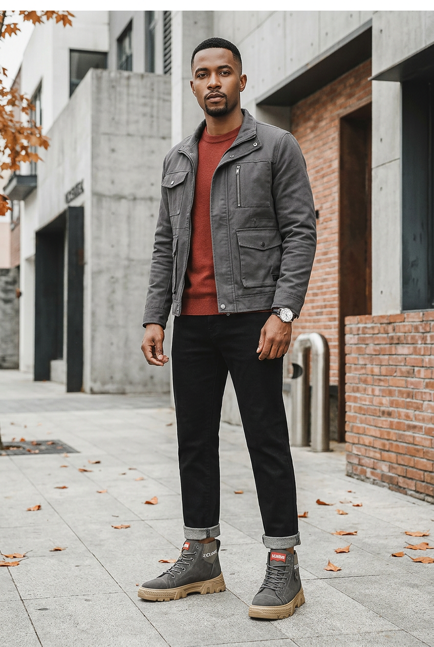 Full-body fall streetwear look featuring gray high-top boots with tan soles