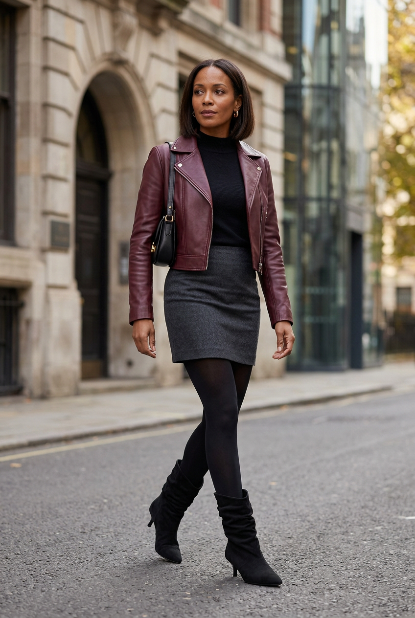 Full-body fall styling with black slouch boots
