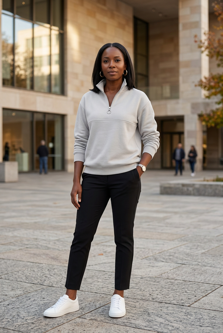 Full-body lifestyle look featuring the light-gray pullover