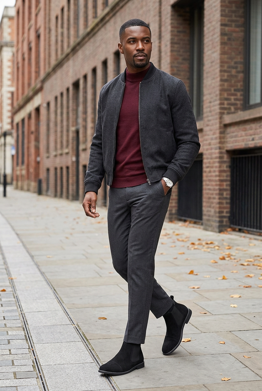 Full-body modern fall look featuring black Chelsea boots, charcoal tailoring, and a burgundy knit