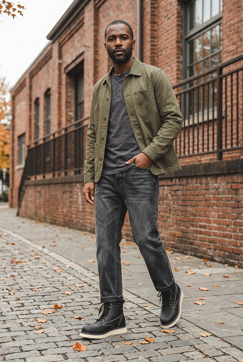 Full-body rugged fall street look featuring the black moc-toe boots