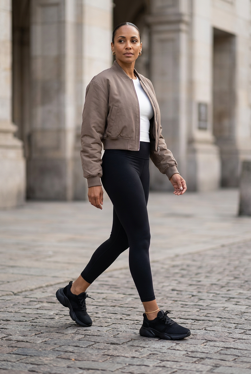 Full-body streetwear look with black sneakers