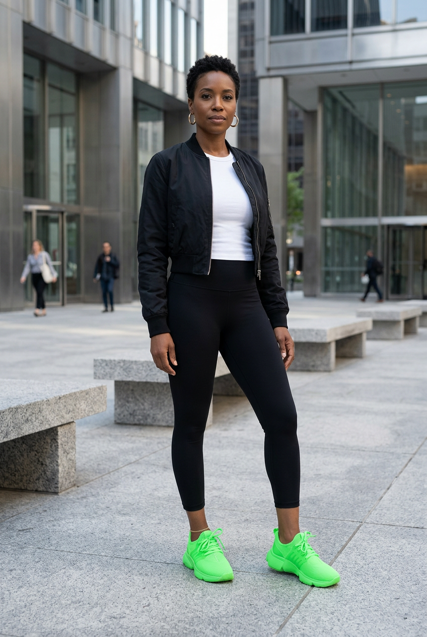 Full-body streetwear look with neon green sneakers