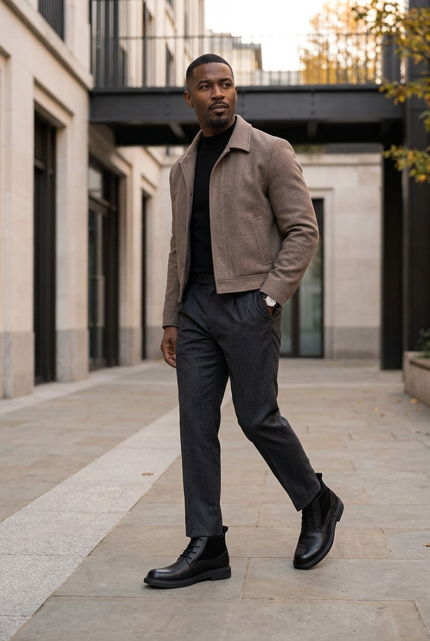 Full-body tailored editorial look featuring the black lace-up boots