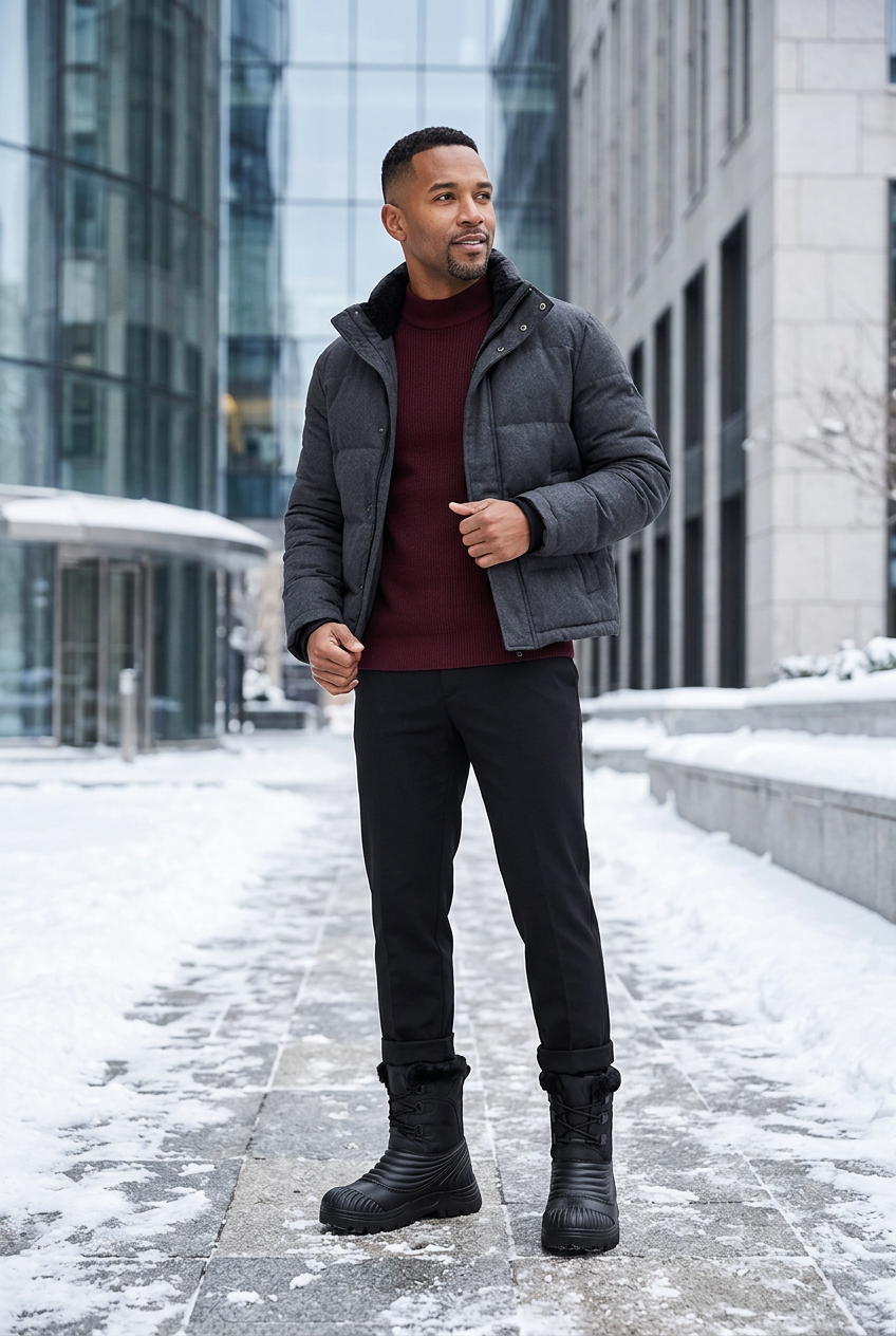 Full-body urban winter lifestyle featuring black boots