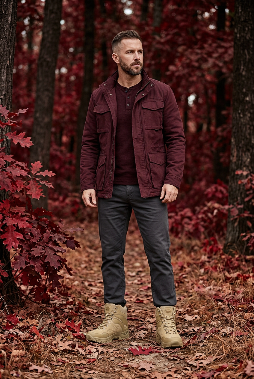 Full-body woodland fall look with burgundy layers, deep red foliage, and tan boots