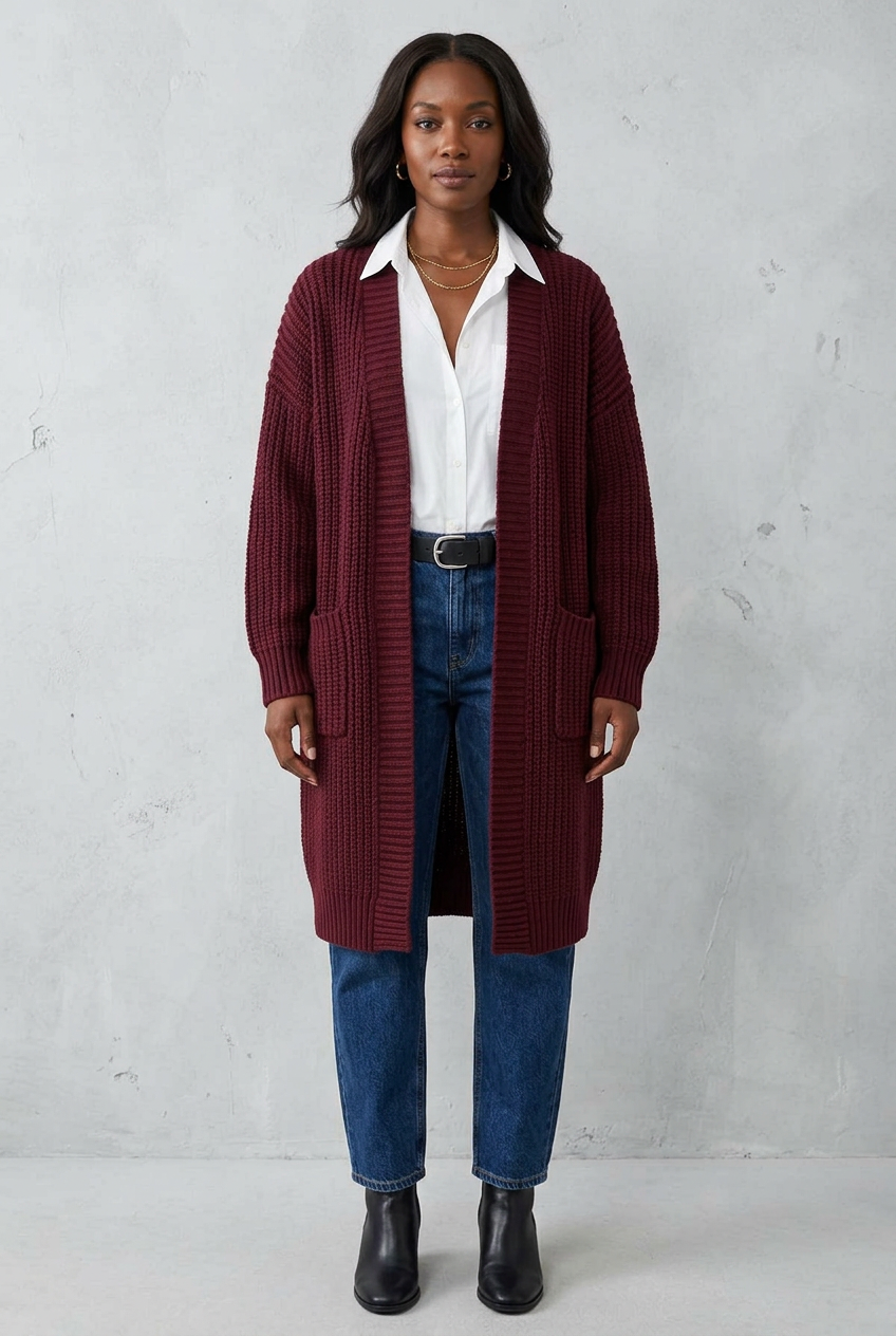 Full-length front view of the burgundy cardigan