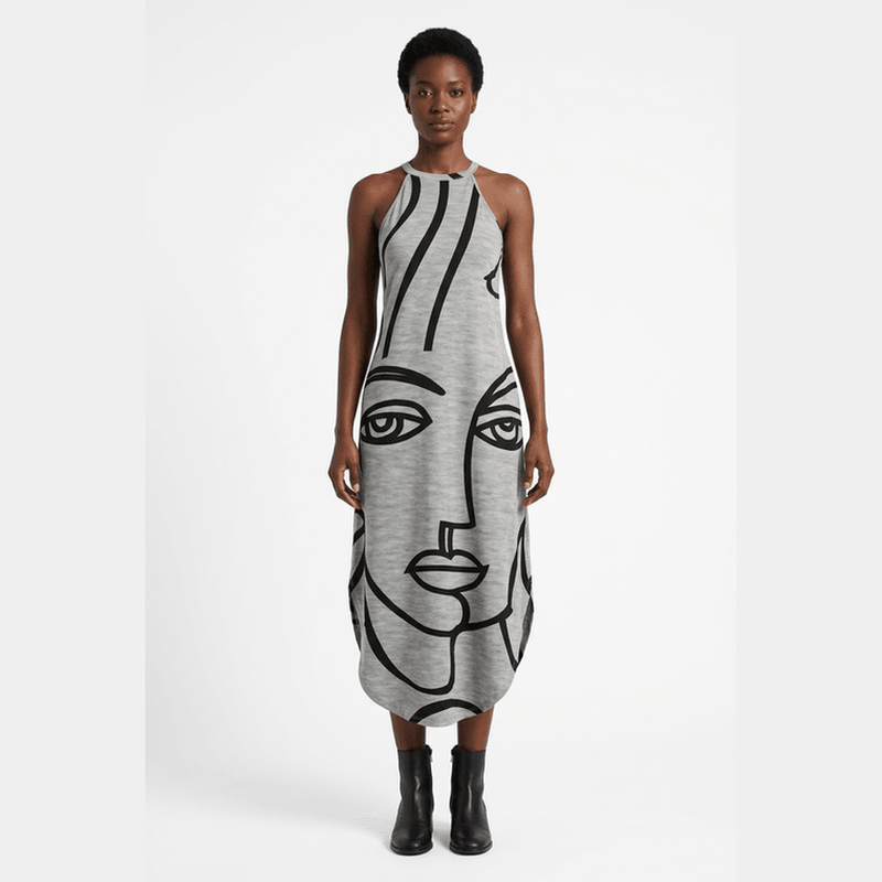 Full-length grey dress on a white background