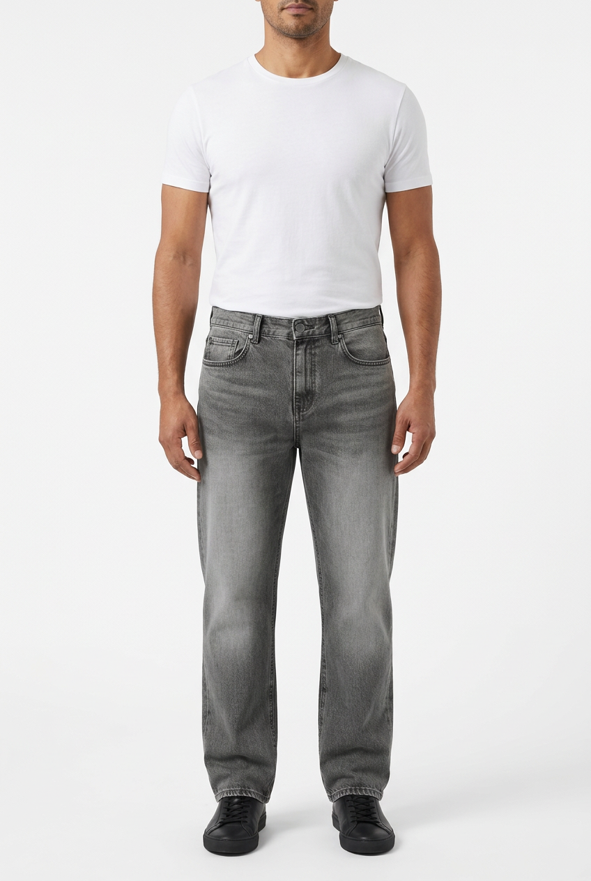 Full-length studio model wearing the washed gray jeans