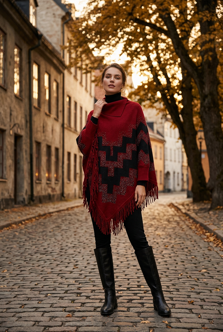 Geometric Zigzag Tassel Poncho — Editorial Hero