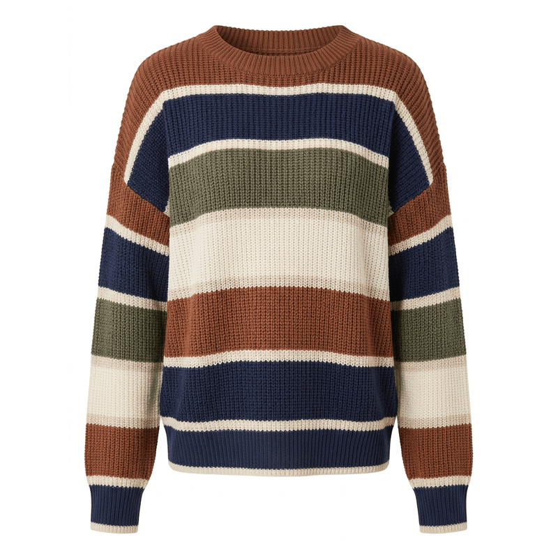 Rust brown, navy, olive and cream striped long sleeve pullover sweater with relaxed fit
