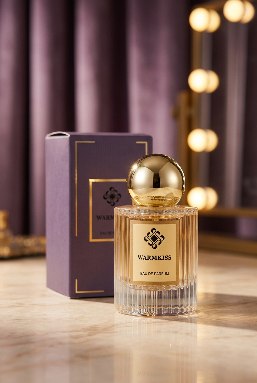 Gold-capped WARMKISS bottle on a Hollywood-inspired vanity