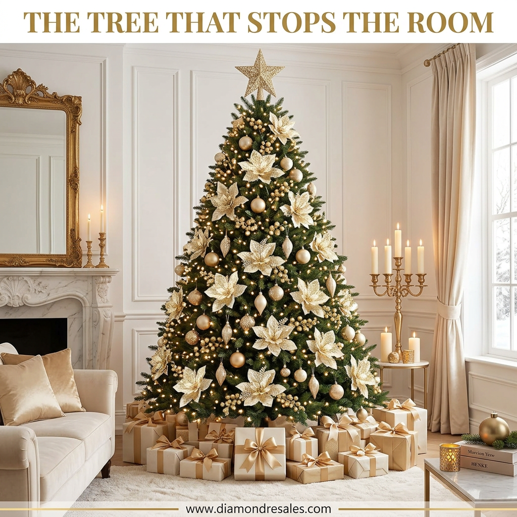 Gold Poinsettia Christmas Tree Scene