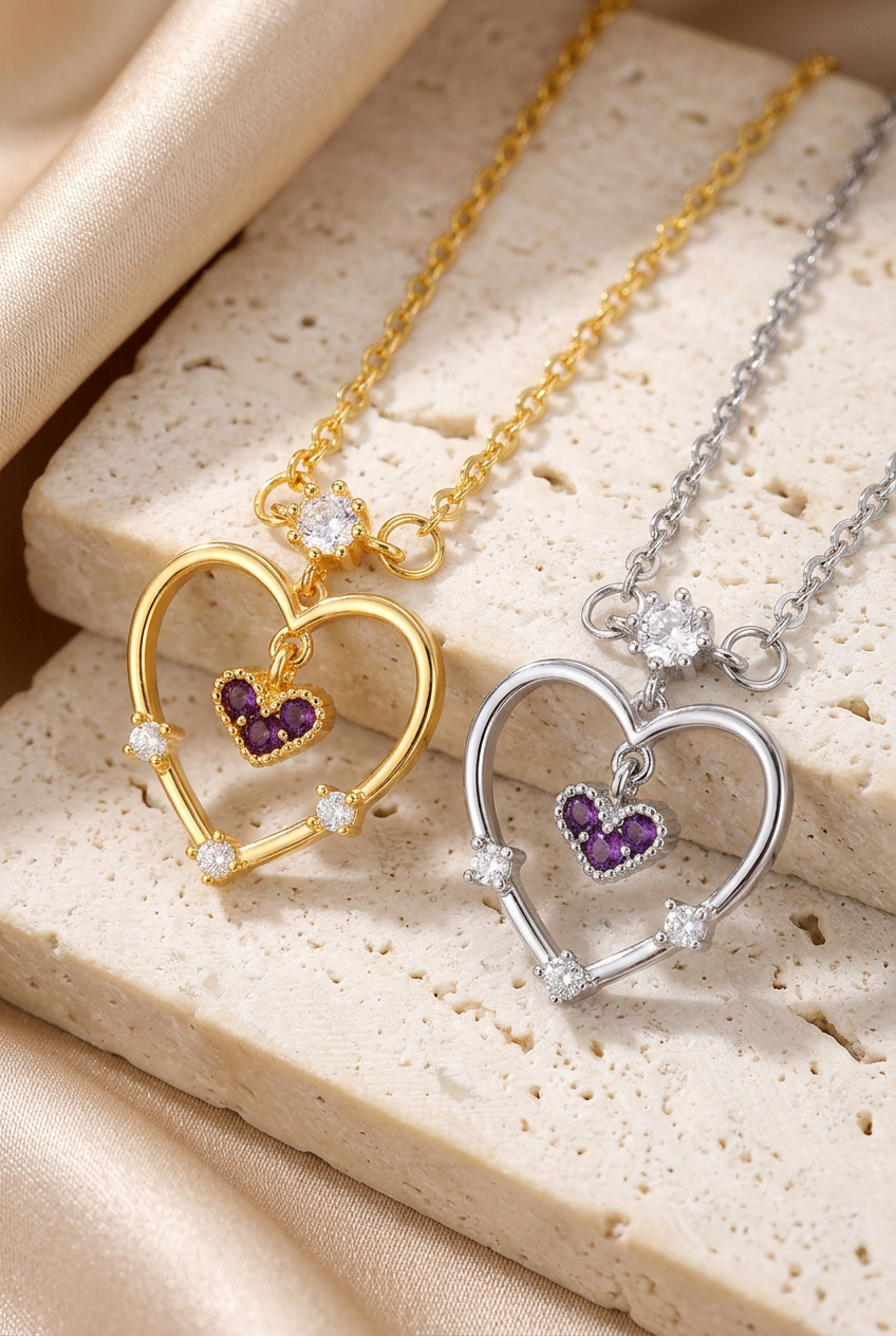Gold-tone and silver-tone heart necklaces styled together