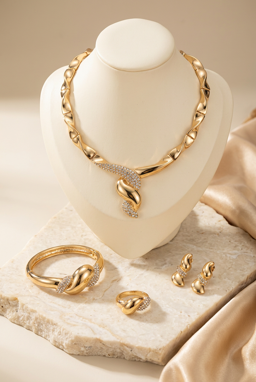 Gold-tone jewelry set styled on ivory displays