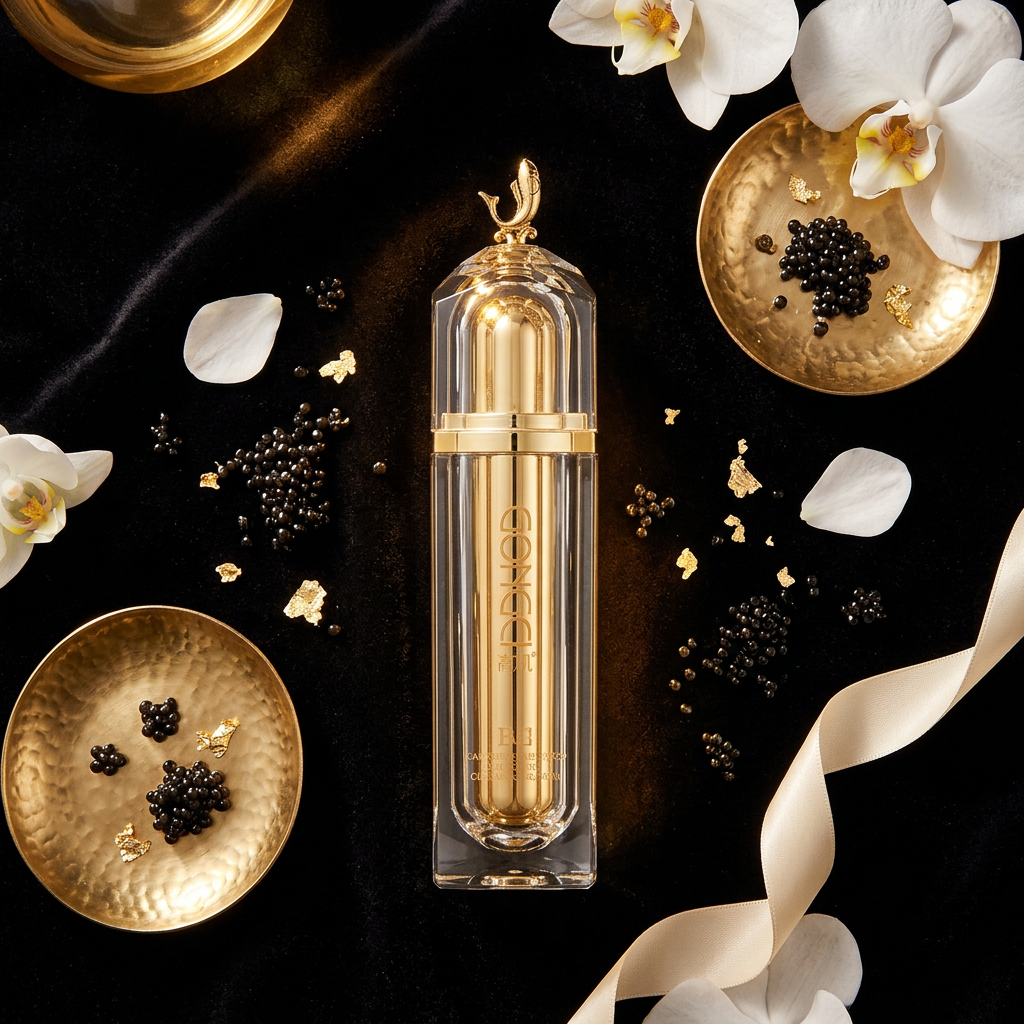 GONGCI Caviar Serum — Black Velvet Opulent Flat Lay