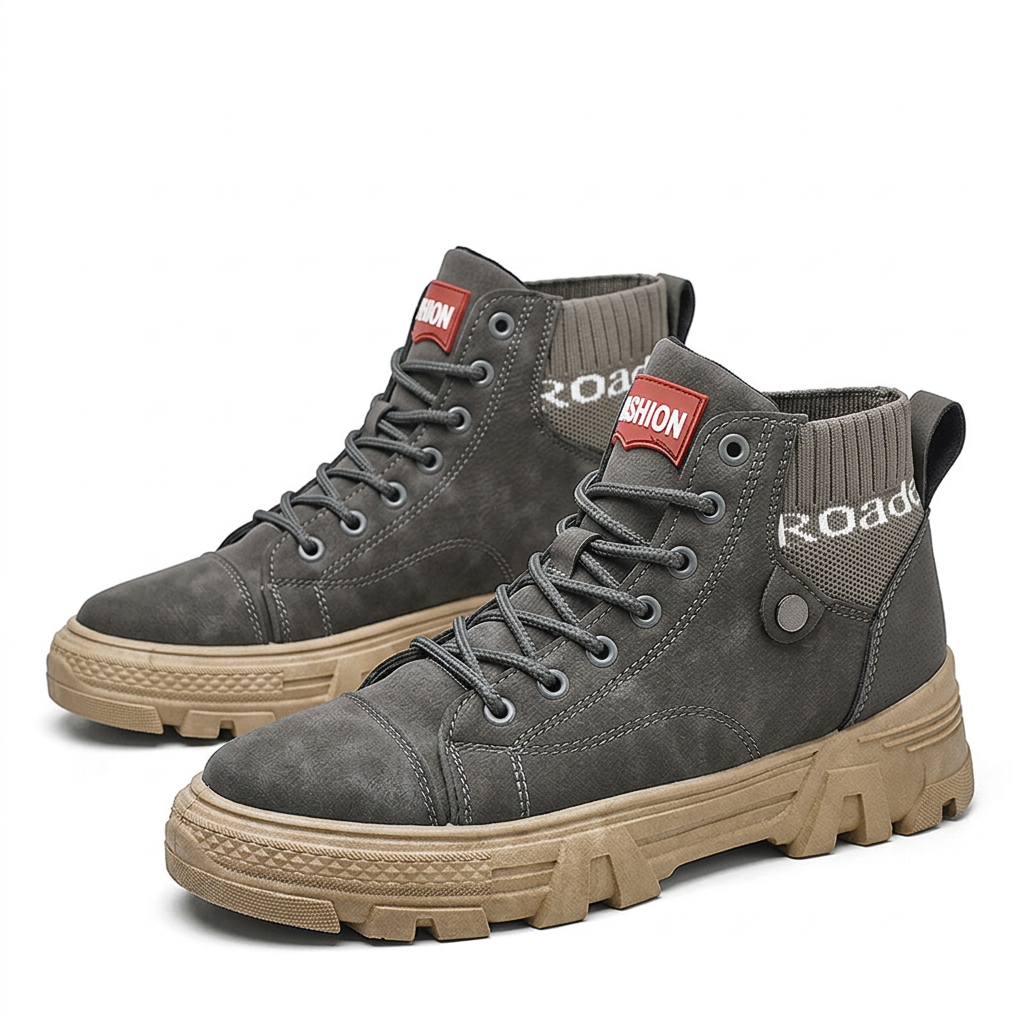 Gray boots on white with their original collar markings and red tongue patches preserved