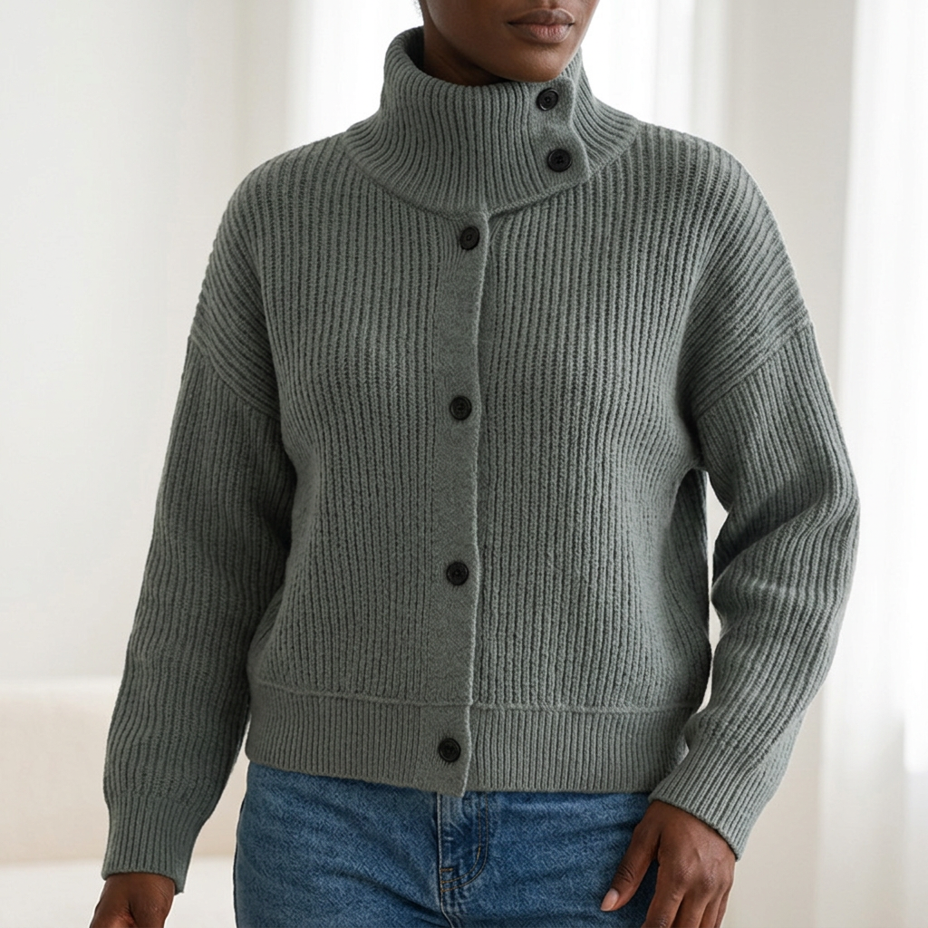 Gray cardigan collar and knit close-up