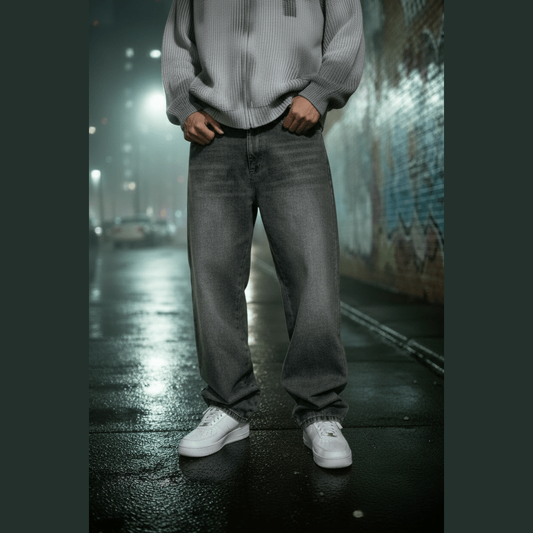 Men's gray distressed washed jeans with wide leg cut and vintage texture