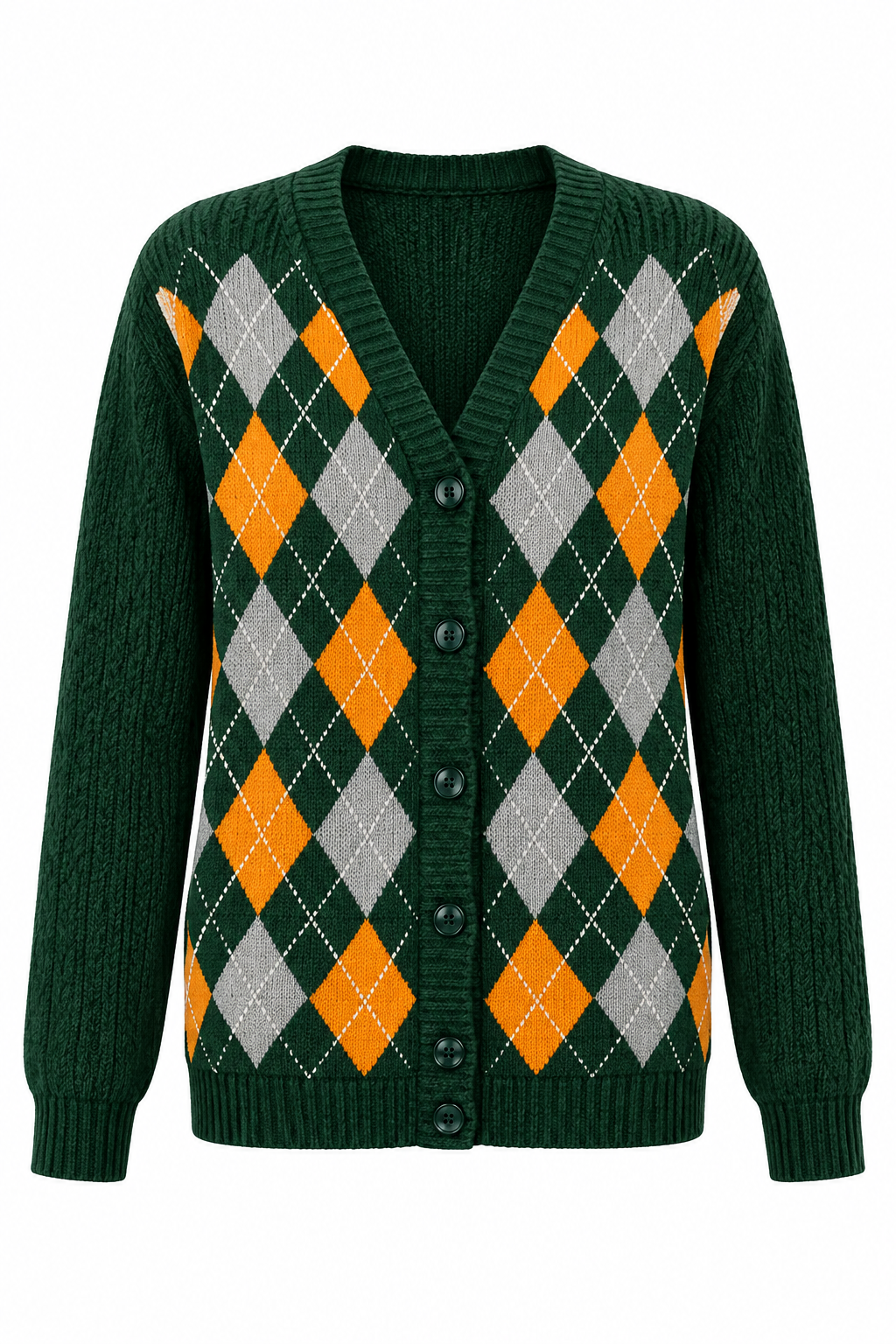 Green Argyle Knit Cardigan – White Background
