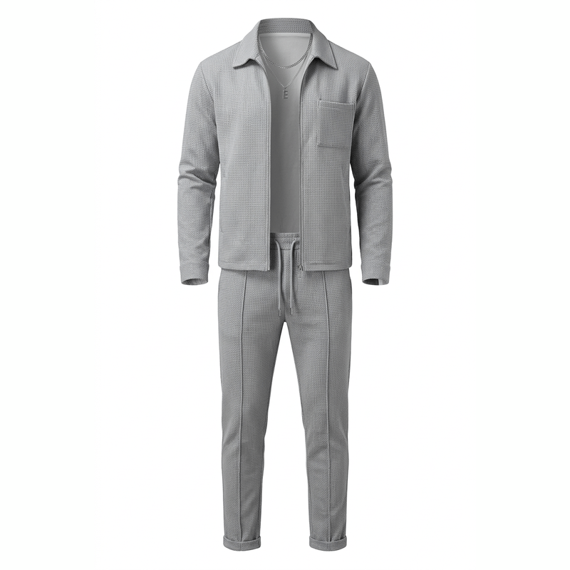 Grey Lapel Jacket & Trousers Set – White Background, No Model