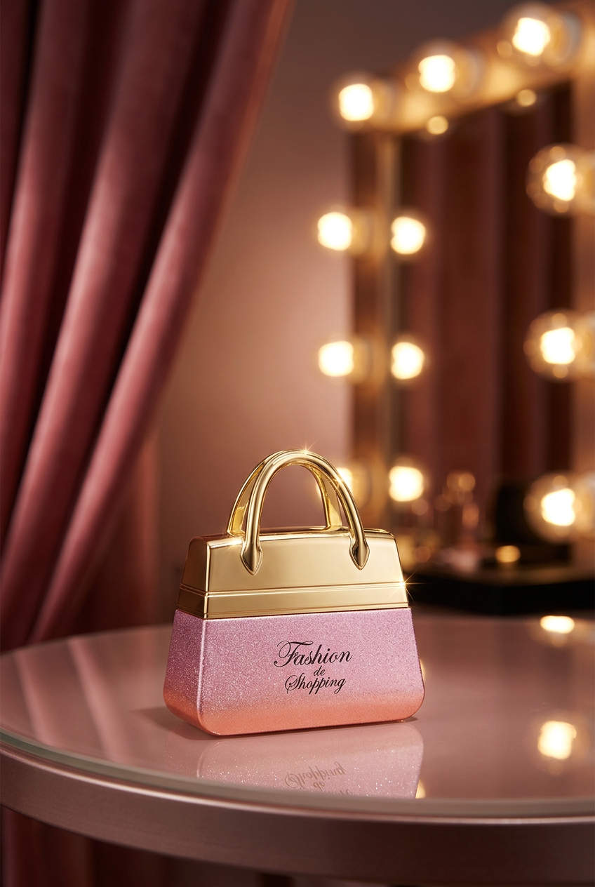 Handbag-shaped perfume in a Hollywood dressing-room setting