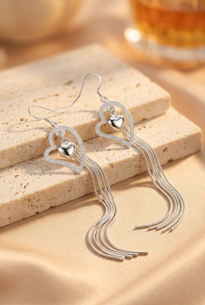Heart tassel earrings styled on ivory stone and champagne silk