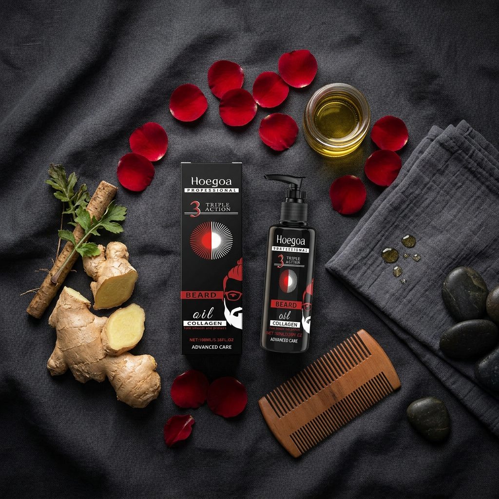 Hoegoa Beard Oil — Dark Charcoal Linen Flat Lay