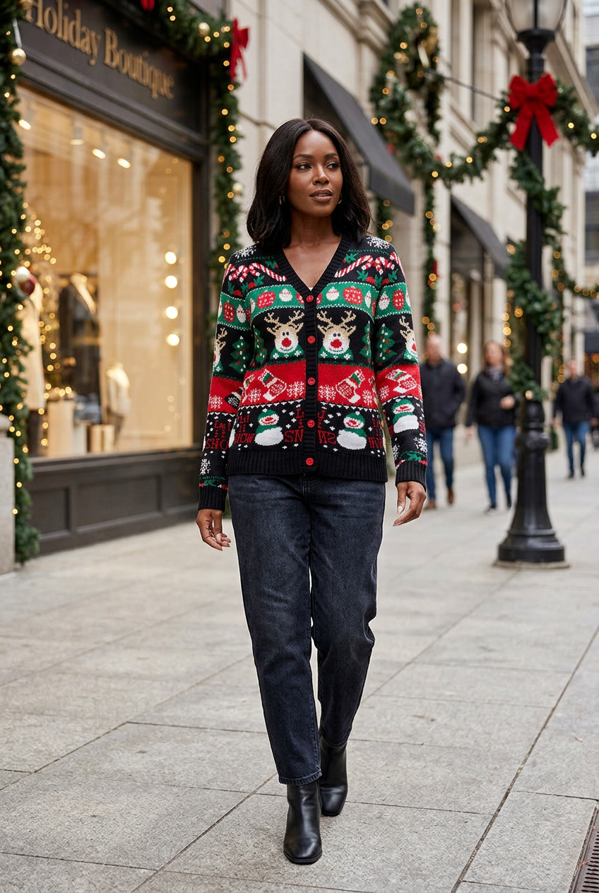 Model walking on a festive city street wearing the black Holiday Rhythm Christmas cardigan with dark jeans and black ankle boots