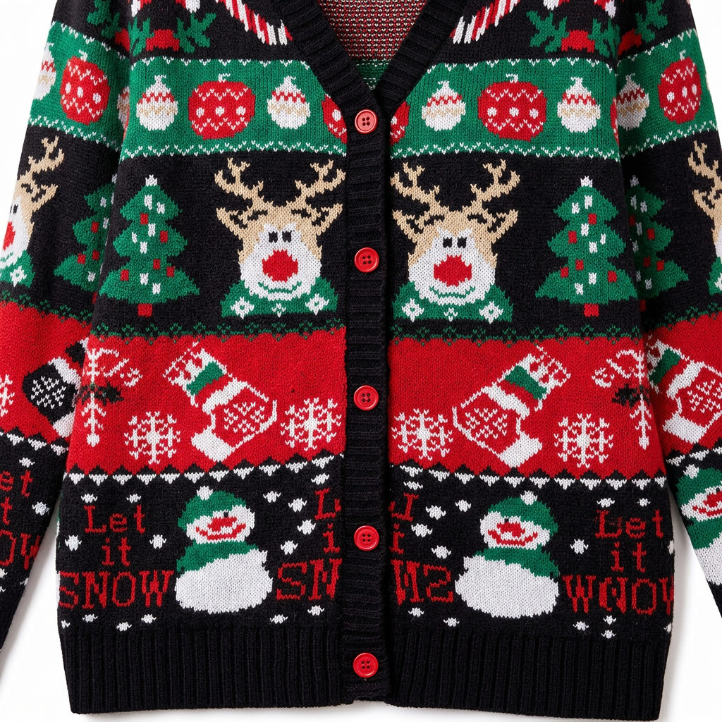 Holiday Rhythm black cardigan close-up showing knit texture, red buttons, reindeer, ornaments and snowman motifs