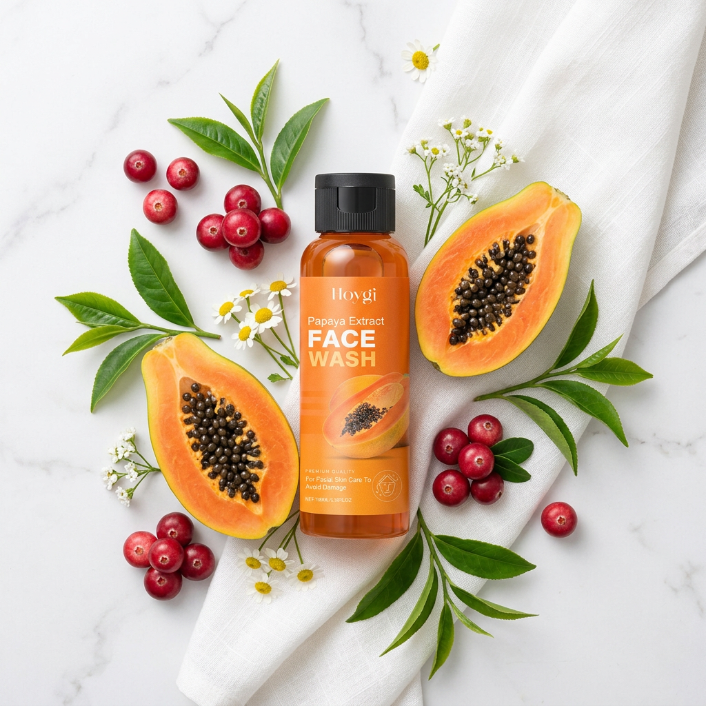 Hoygi Papaya Face Wash — Bright White Marble Ingredient Flat Lay