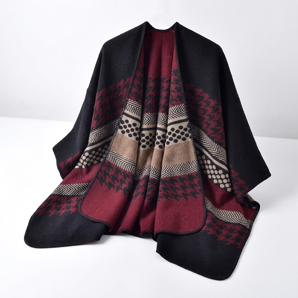 Women's Houndstooth Stripe Faux Cashmere Split Poncho