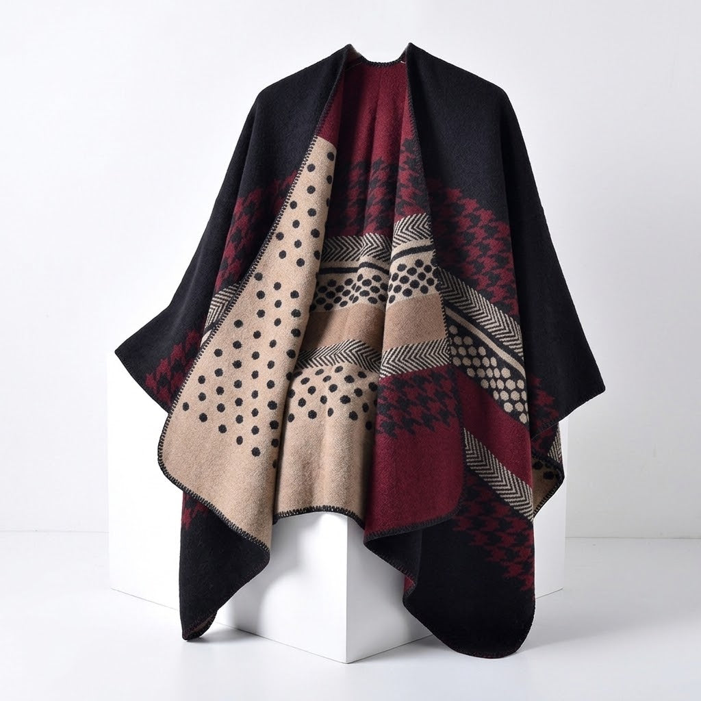 Women's Houndstooth Stripe Faux Cashmere Split Poncho